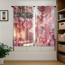 2 piezas Cortinas navideñas con estampado de duendes y calcetines rosas - Diseño de cuento de hadas divertido con calcetines, regalos y decoración navideña - Lavable a máquina, para sala de estar, cocina, comedor, decoración navideña (Barra no incluida), Cortinas navideñas, Decoraciones navideñas, Decoración navideña, Decoraciones navideñas para el hogar