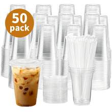 12 OZ, 16 OZ, 20 OZ, 24 OZ Transparent Plastic Cups (With Straw Lids), 50 Sets Of Disposable Plastic Iced Coffee Cups, Take-Out Coffee Cups (For Making Smoothies, Milkshakes, Cold Drinks) - 無色 - 查看 1