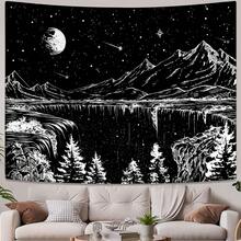 Local Shipping 2025 New   Black And White Tapestry Starry Night Mountain Tapestries For Bedroom Aesthetic Moon And Stars Tapastry's Wall Hanging Dark Nature Forest Wall Tapestry For Living Room Dorm (48'' * 36'') - 黑色 - 查看 2
