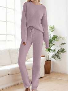 tooluck Women's Casual Pajama Set Fuzzy Fleece Knitted Long Sleeve Pj Loungewear Dusty Purple - 淺灰紫 - 查看 1