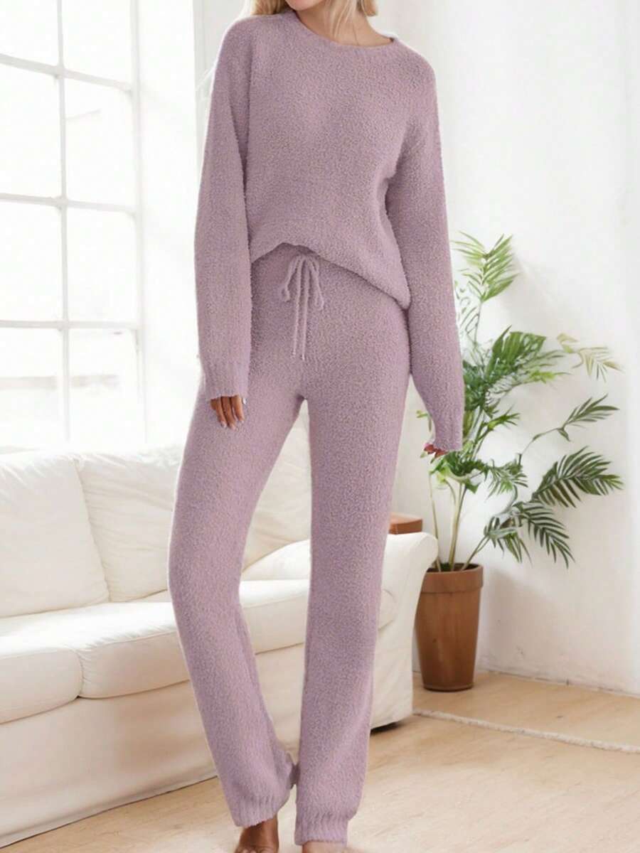 tooluck Women's Casual Pajama Set Fuzzy Fleece Knitted Long Sleeve Pj Loungewear Dusty Purple - 淺灰紫 - 查看 1