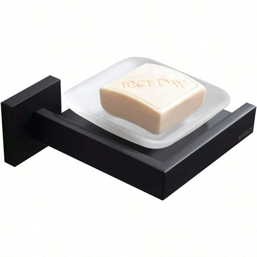 Bathroom Soap Dish With Holder Tempered Frosted Glass Wall Mount Modern Square Design For Bath And Shower Matte Black 071020MB Les Series