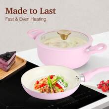 M MELENTA Pots And Pans Set Non Stick, 11 Piece Ceramic Induction Hob Pan Set, Cookware Set With Frying Pans, Saucepan Set, Pink,Compact Size For 1-3 Persons Meal - 粉色 - 查看 3