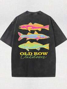 Men's Casual Summer Washed Cotton T-Shirt [Old Row Outdoor] Fish Print, Round Neck, Short Sleeves, Lightweight Cotton Knitted Fabric, Casual Summer Ro - 黑色 - 查看 2