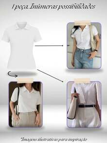 Polo Neck Blouse With Short Sleeves And Functional Buttons Comfortable Women's Fashion - White - View 8