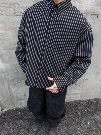 2025款男士黑白条纹长袖单排扣休闲/商务衬衫，适合秋冬季穿着