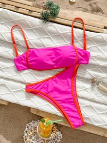 Women Simple Spliced Tie Back Sexy Bikini Set High Waist Bathing Suits Beach Outfit