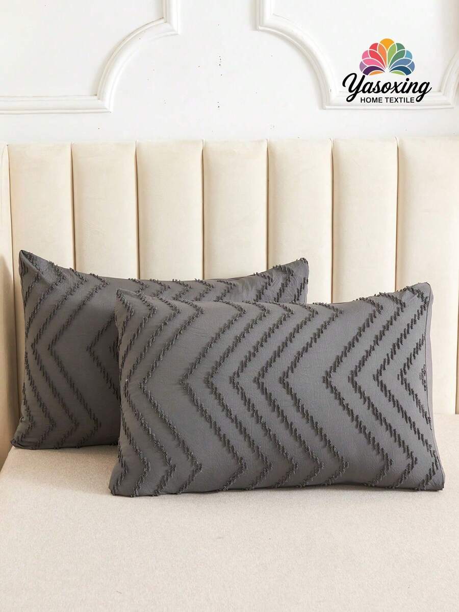 1對V形簇絨枕套家用布藝床枕套 - 深灰色 - 查看 1