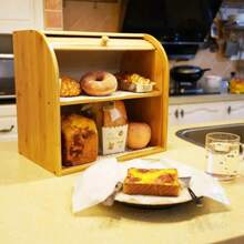 Double Layer Bread Storage Box, Compact Storage Box, Bamboo Kitchen Wooden
