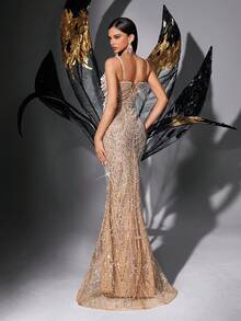 Glamouröses paillettenbesetztes, perlenbesticktes ärmelloses Meerjungfrauenkleid mit V-Ausschnitt (stark verziert) - Champagnerfarben - Übersicht 4