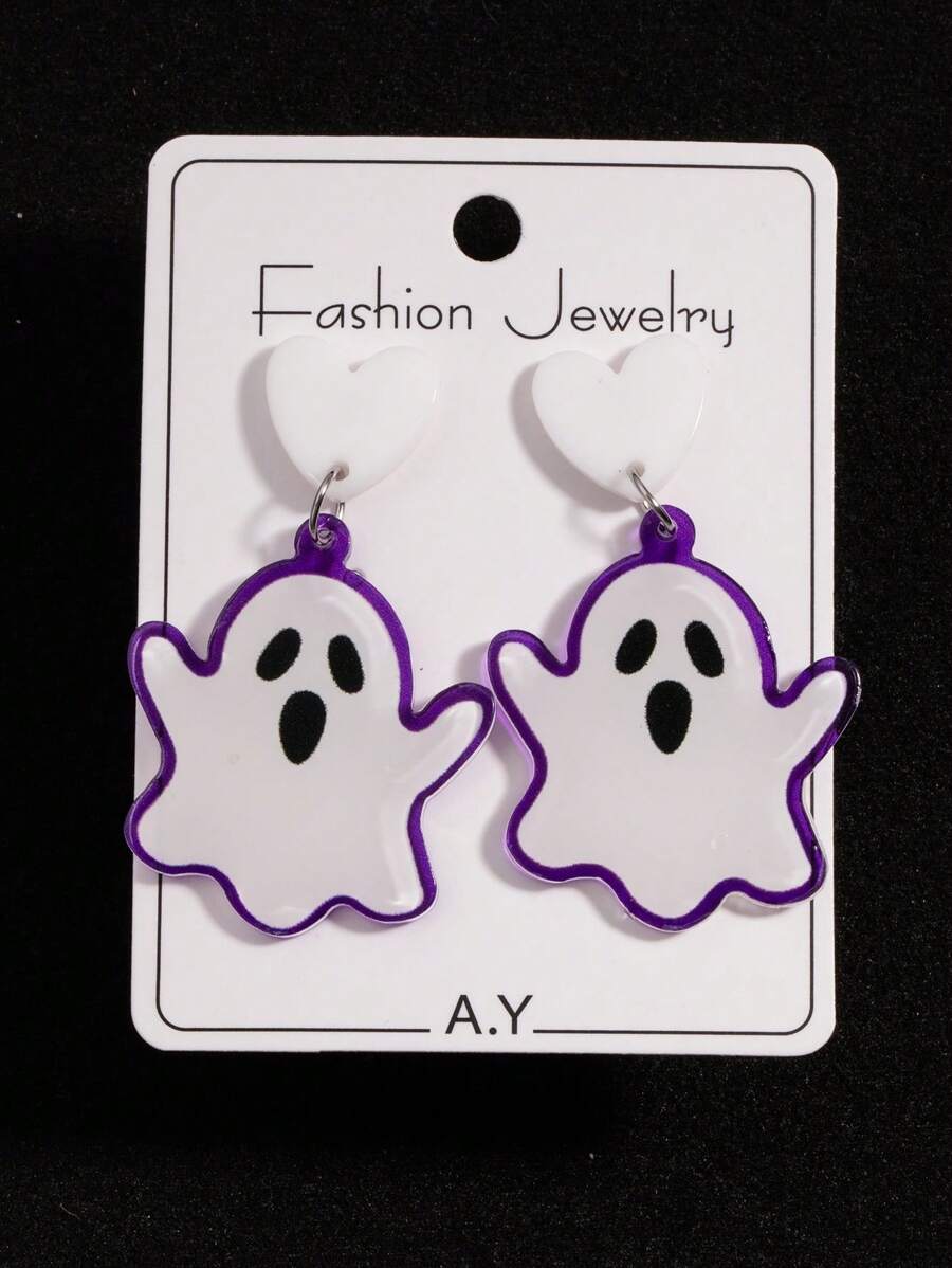 1 对万圣节系列亚克力耳环，紫色幽灵卡通个性耳环（随机卡）