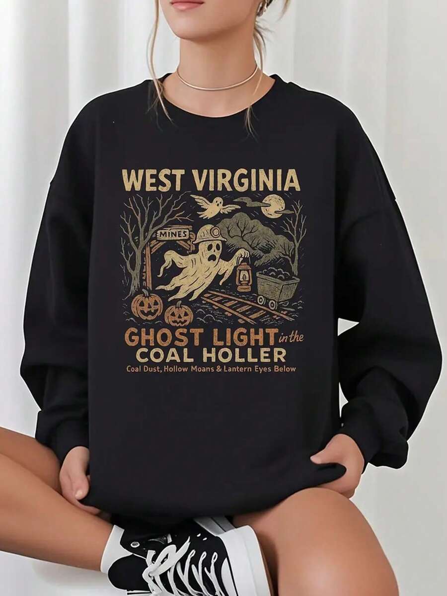 Halloween Sweatshirt - Black Coal Miner Pullover With Ghost, Jack-O-Lantern, And Railroad Tracks - Retro Mining Town Design - Crew Neck Sweatshirt Perfect For Halloween Parties And Themed Events - Machine Washable Appalachian Apparel, Holiday Casual Wear, Scary Graphic Design, Comfortable Long Sleeve Top