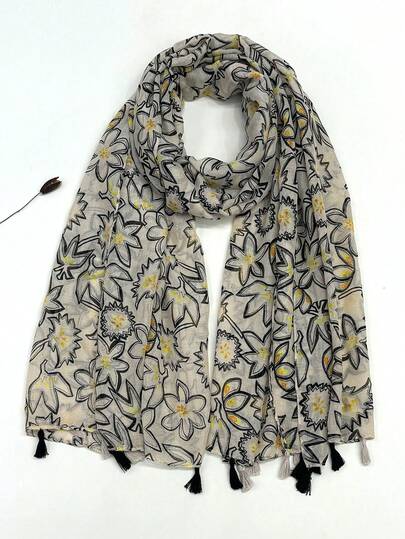 1pc Simple Printed Scarf, Lightweight Breathable Tassel Shawl, Elegant Style Fashion Women Silk Scarf, Versatile Large Scarf For Spring/Summer, Outdoor Sun Protection Beach Wrap, Headscarf