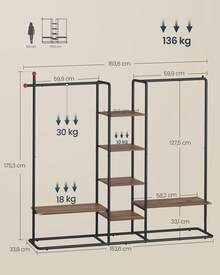 SONGMICS HOME Clothes Rail, Clothes Rack With Shoe Shelf, Heavy-Duty Storage Rack, 6 Storage Shelves, 2 Hanging Rails, Matchstick-Shaped Hooks, Natural Walnut And Ink Black - Black - View 5