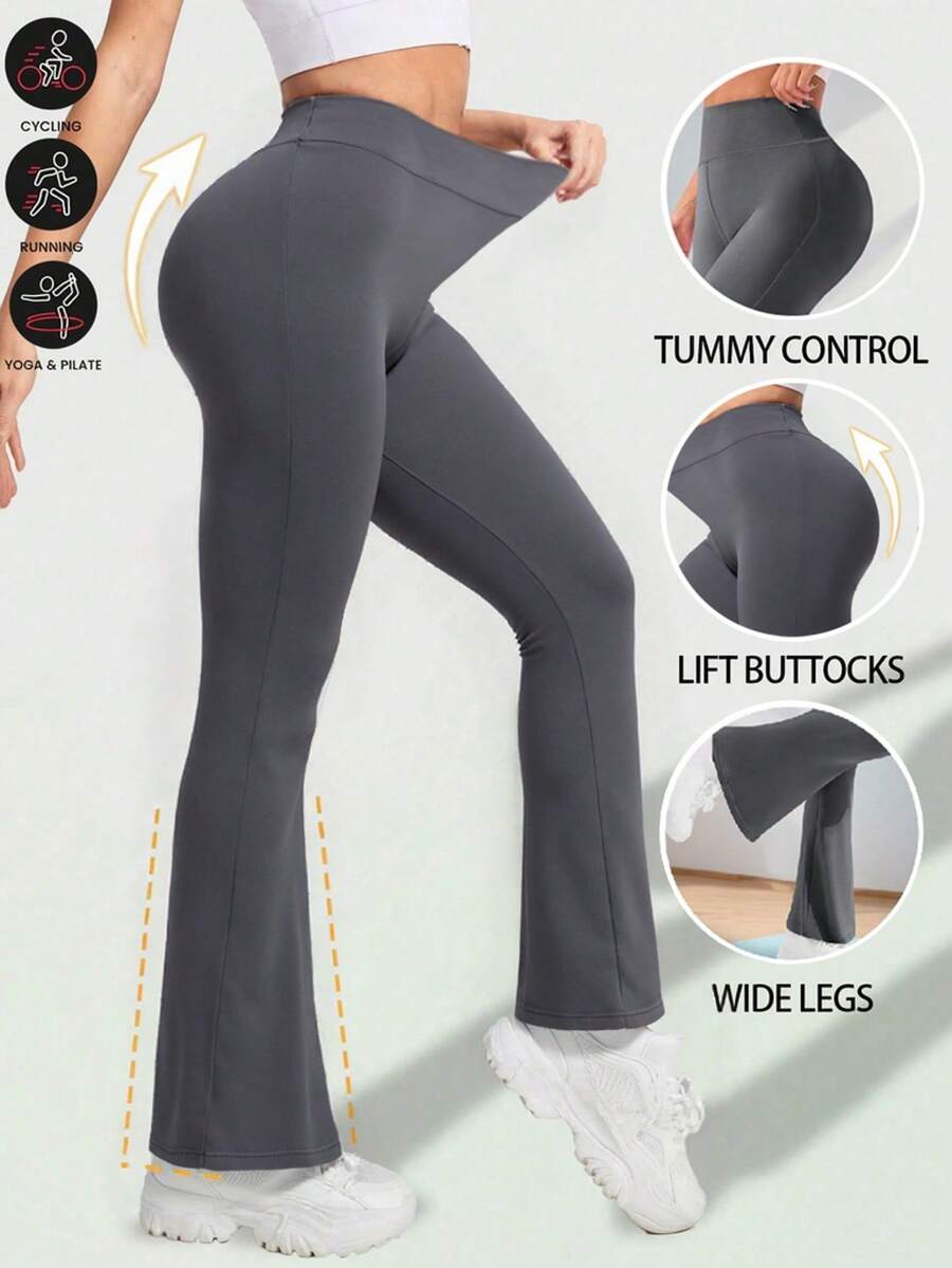 女士高腰喇叭紧身裤,提臀喇叭紧身裤,修身喇叭瑜伽裤,纯色靴型运动紧身裤,黑色修身运动裤,休闲紧身裤,运动长裤 - 灰色 - 查看 1