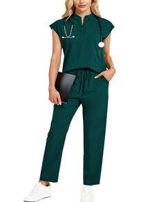 cimmuovere Bộ đồng phục áo rộng không tay cổ đứng và quần nhiều túi tiện dụng - màu xanh lá - Xem 1