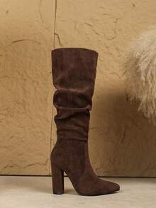 Wysokie buty typu tuba w jednolitym kolorze w stylu europejskim i amerykańskim, nowe buty na jesień/zimę z noskiem w szpic, na grubym obcasie, w jednolitym kolorze, buty na imprezę w klubie nocnym w stylu zachodnim, z bocznym zamkiem i metalowymi oczkami (sugerujemy zamówienie rozmiaru mniejszego) - Brązowy - Zobacz 6