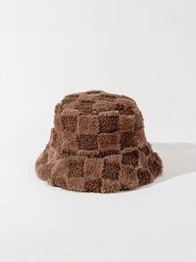 1pc Women's Brown Textured Faux Fur Bucket Hat - Warm Fluffy Winter Cap Winter Outfits Fall - Multicolor - View 9