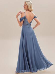 EVERPRETTY 优雅纯色V领褶皱贴花伴娘礼服，灰蓝色，适合婚礼、生日、正式活动、派对等场合。 - 霧霾藍 - 查看 4
