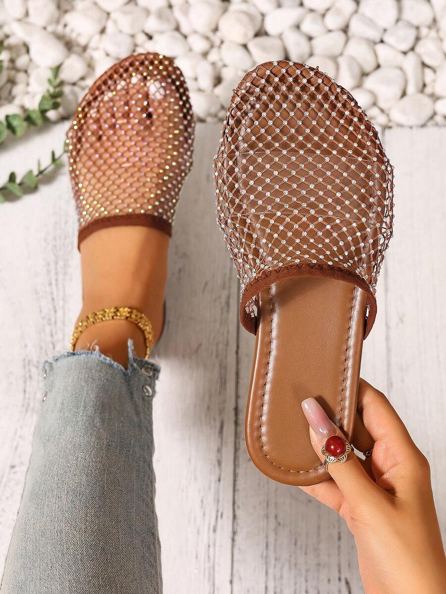 Women's Flat Sandals With Hollow Rhinestones, 2025 New Summer Fishnet Beach Vacation Non-Slip Slip-On Sandals, Black & Apricot, Plus Size, Fashionable, Elegant, Glamorous For Music Festival, Punk, Stylish, Sexy
