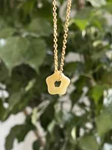 1pc Fashion 18K Gold Plated Stainless Steel Green Jade Stone Flower Star Pendant Necklace For Women Daily Decoration For Valentine'S Day Gift Valentines,Mom,Mother,Mother's Day,Gift