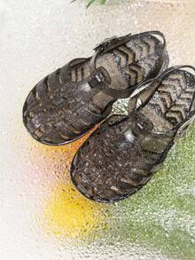 Fashionable Shiny Crystal Jelly Shoes, Black Jelly Shoes For Girls, Summer Water Shoes, Beach Sandals, Flat Shoes