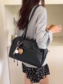 Korean Style New Pillow Handbag, Retro Shoulder Bag, Large Capacity Tote Bag For Work Commute, No Pendant Included, Pendant Is For Styling Only - Black - View 2