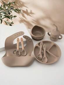 1pc/2PCS/8PCS Custom Baby Tableware Print On Demand Baby Bowl Plate Dishes Personalized Customization Name Baby Bib Soft Baby Spoons And Forks Solid Color Baby Sippy Cup, Son, Daughter,Christmas Gift