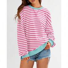 Womens Oversized Striped Sweatshirt Crewneck Long Sleeve Pullover Top Casual Y2K Spring Clothes 2026 Workout Shirt,Vacation Outfits Women,Valentine Outfits For Women,Street Photography - Pink White - 查看 4