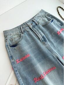 Długie jeansy z szerokimi nogawkami dla kobiet, jasnoniebieskie, z różowymi haftowanymi literami, swobodny, uroczy styl, nieelastyczne, zapinane na guziki i zamek błyskawiczny, kieszenie