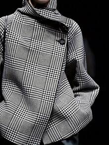 Women's Vintage Houndstooth Double-Breasted Jacket Loose Asymmetrical Hem Long Sleeves Button 2025 New Fall Winter Outerwear For Women - 黑色 - 查看 3