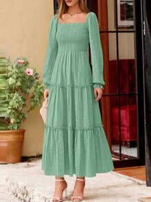 PRETTYGARDEN Women Elegant  Maxi Dresses For Fall Boho Long Sleeve Smocked A Line Ruffle  Wedding Guest Holiday Party Long Dress With Pockets New Years Valentine Vacation Spring Dresses For Women Vestidos Elegantes De Mujer - 灰綠色 - 查看 8