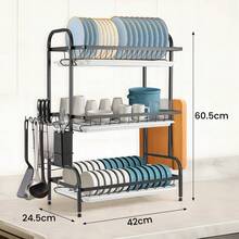 Schwarz Abtropfgestell Geschirr, Geschirrabtropfgestell  3-stufig, Geschirrtrockner mit Utensilienhalter, Messerhalter, Schneidebretthalter & Abtropfschale – Kitchen Organizer