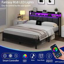 LED Bed Frame With Storage Headboard, Upholstered Bed Frame With Charging Station, Metal Platform Bed Frame With Heavy Duty Metal Slats, No Box Spring Needed, Easy Assembly, Black/ White/ Beige - 黑色 - 查看 2