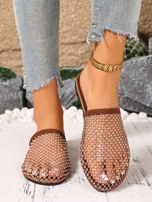 Women's Flat Sandals With Hollow Rhinestones, 2025 New Summer Fishnet Beach Vacation Non-Slip Slip-On Sandals, Black & Apricot, Plus Size, Fashionable, Elegant, Glamorous For Music Festival, Punk, Stylish, Sexy