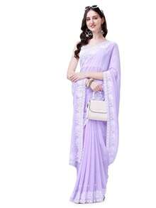 Women's Georgette Embroidery Border Work Designer Saree With Blouse Piece(Lilac) - Lila Púrpura - Ver 5