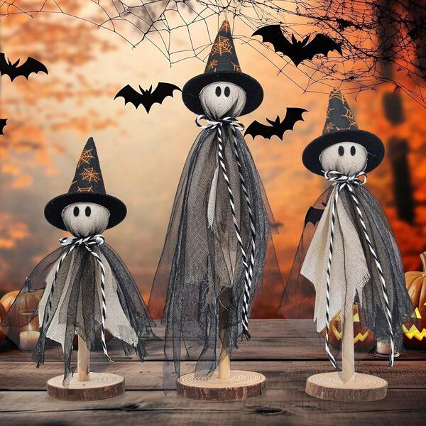 3PCS Wooden Ghost Halloween Interior Decoration - A Set Of 3 Sizes Of Rustic Shelves With Nanny And Fabric Ghost Dolls - Halloween Dining Table Decoration Layered Tray, Fireplace Rack, Halloween Party Supplies (White)