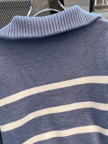 秋冬女士条纹立领套头衫高端简约时尚毛衣、长袖上衣 - 霧霾藍 - 查看 5