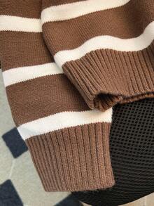 Autumn/Winter New Women Striped All-Match Pullover Sweater, Fashion High-End Simple Zipped Knitted Top - Cà phê nâu - Xem 6