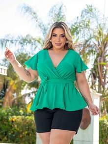 Women's Plus Size Wrap Top V Neck Elegant And Comfortable Simple Fabric Ruffle Hem Evening Holiday Daily Birthday Party Homecoming Bachelorette Party Travel Tea Party Country Music Concert - 綠色的 - 查看 2