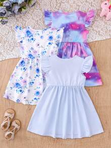 Chatreadl Bộ 3 váy tay bồng bềnh họa tiết ngựa con và hoa dễ thương cho bé gái, chất liệu vải lụa sữa mềm mại, thời trang xuân/hè, dành cho các bé gái - Nhiều màu - Xem 2