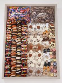 832个女童卡其色布艺花朵发夹、弹力发圈、蝴蝶结发夹、简约鸭嘴夹、BB夹，适合日常使用 - 彩色 - 查看 7