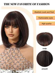 Tóc giả ngắn ngang vai, thoáng khí và thoải mái, dài 14 inch, màu nâu đậm, có mái, đường may mở tự do. Tóc giả nữ, sợi tổng hợp chịu nhiệt, thích hợp cho cosplay và sử dụng hàng ngày. - Màu nâu tối - Xem 9