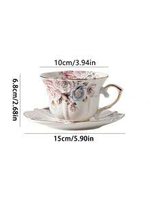 1pc Classic Floral Ceramic Coffee Cup And Saucer Set, Retro Gold Rim, High-End Latte/Tea Cup For Home - Multicolor - View 4