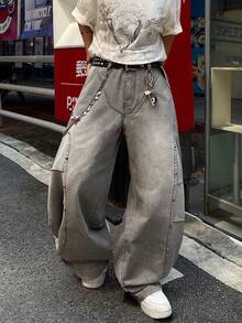 1 chiếc quần jeans ống loe kiểu Nhật Bản phối đinh tán, rộng rãi và thoải mái, đa năng (Không bao gồm thắt lưng và phụ kiện) - Xám - Xem 8