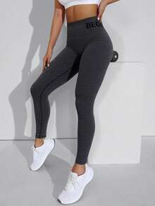 1pc Women'S High Waist Letter Print Yoga Pants Stretchy Breathable Fabric Elastic Waistband Perfect For Fitness Yoga And Everyday Wear Fitness Leggings Highwaist Leggings - Grey - View 5