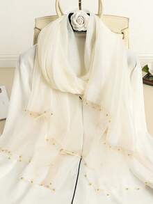 1pc Women Black Solid Faux Pearl Beaded Mulberry Silk & Wool Blend Warm Shawl, Elegant Pearl Double Row Scarf Suitable For Men/Women, Spring/Summer Travel Sun Protection, Autumn/Winter Warm Shawl Decor Accessory, Gift For Friends And Family - Black - View 18