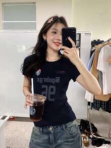美式修身短袖T恤，女士夏季款，独特印花图案，休闲时尚黑色 - 黑色 - 查看 3