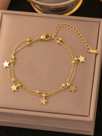 1pc Casual Ins 2025 New 18K Gold Stainless Steel High Protection Color Double Layer Pearl Star Bracelet, Suitable For Women's Daily Wear, Versatile, Waterproof Jewelry, Valentine's Day Gift, USA (Excluding Gift Box)