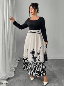 Plus Size Women Square Neckline Water-Print Design Midi Dress - Multicolor - View 5